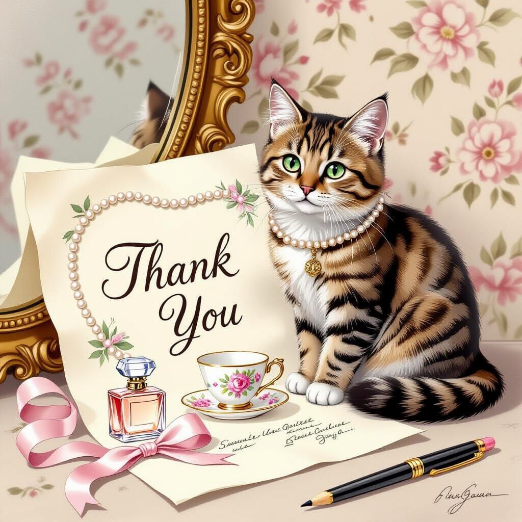 Cute Cat on Thank You Note: Elegant Pencil Sketch