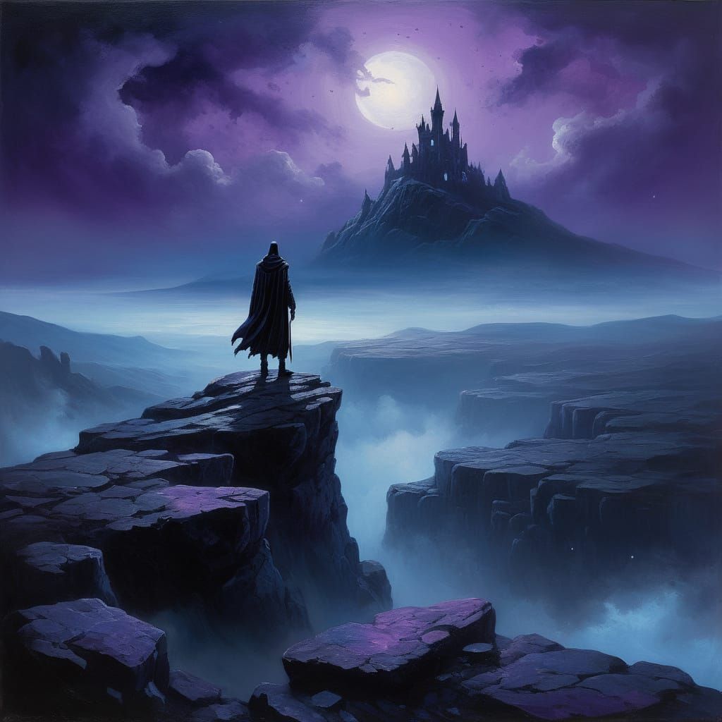 Eerie Figure Gazing at Misty Landscape in Gothic Style