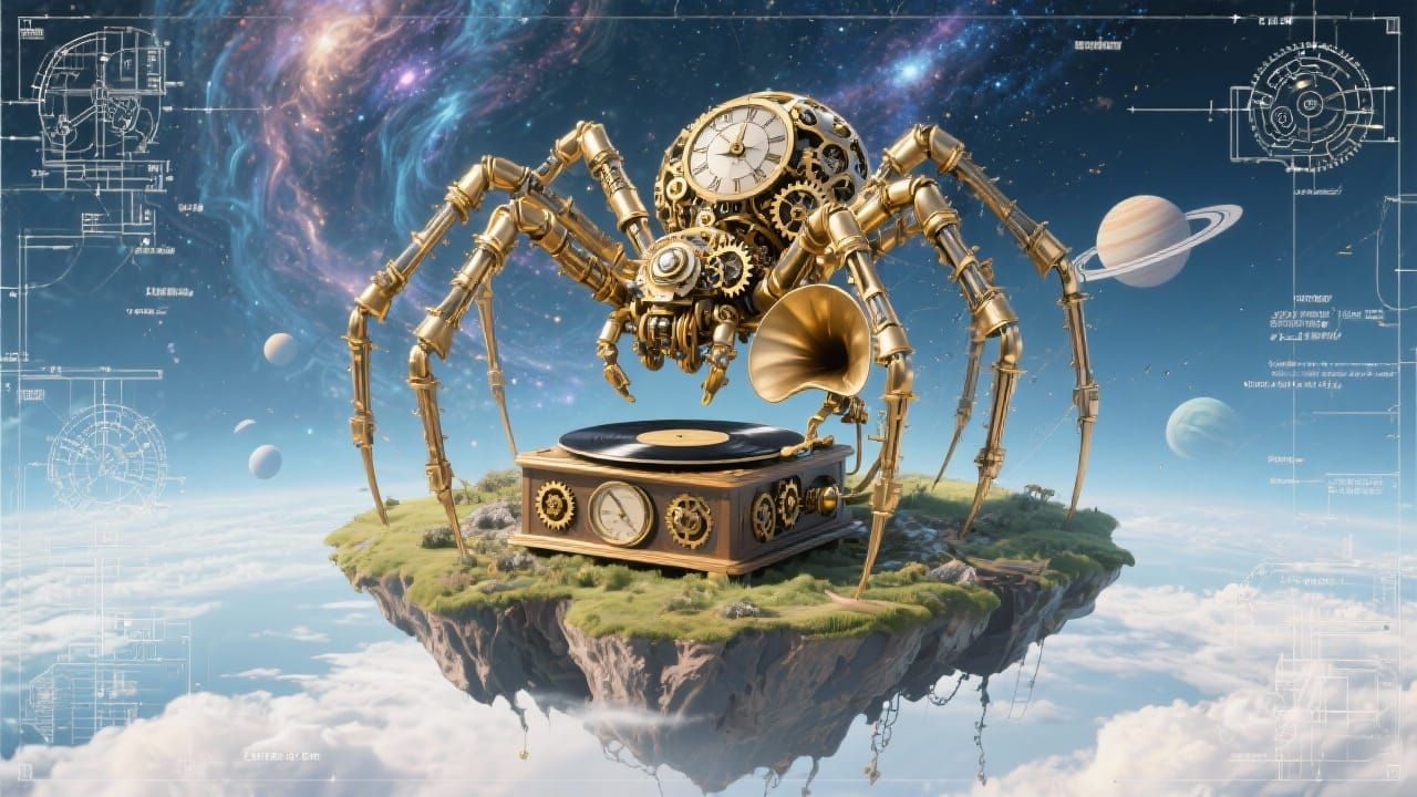 Clockwork Spider on Gramophone Island in Nebula Sky