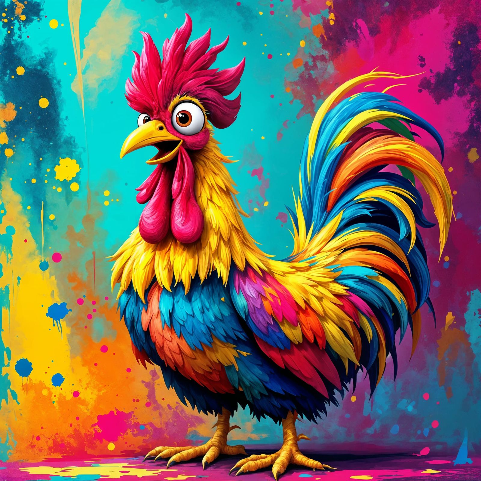 Vibrant Cartoon Rooster in Whimsical Abstract Art