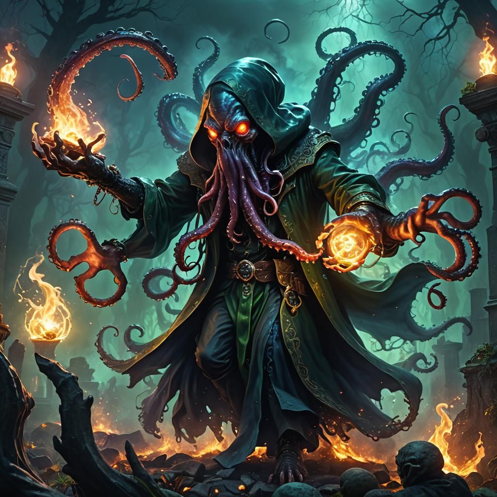 Hooded Octopus Necromancer Summons Dark God
