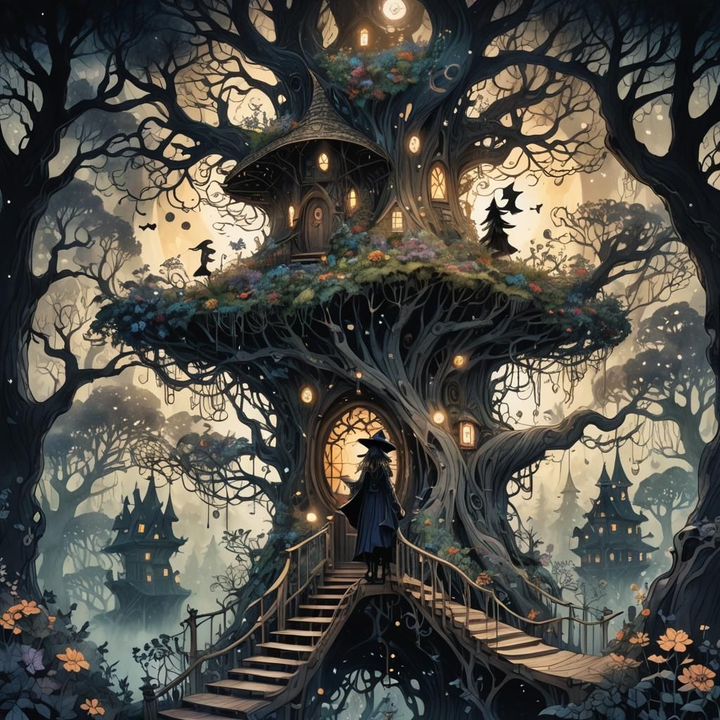 Anime Witch in Eerie Forest Treehouse