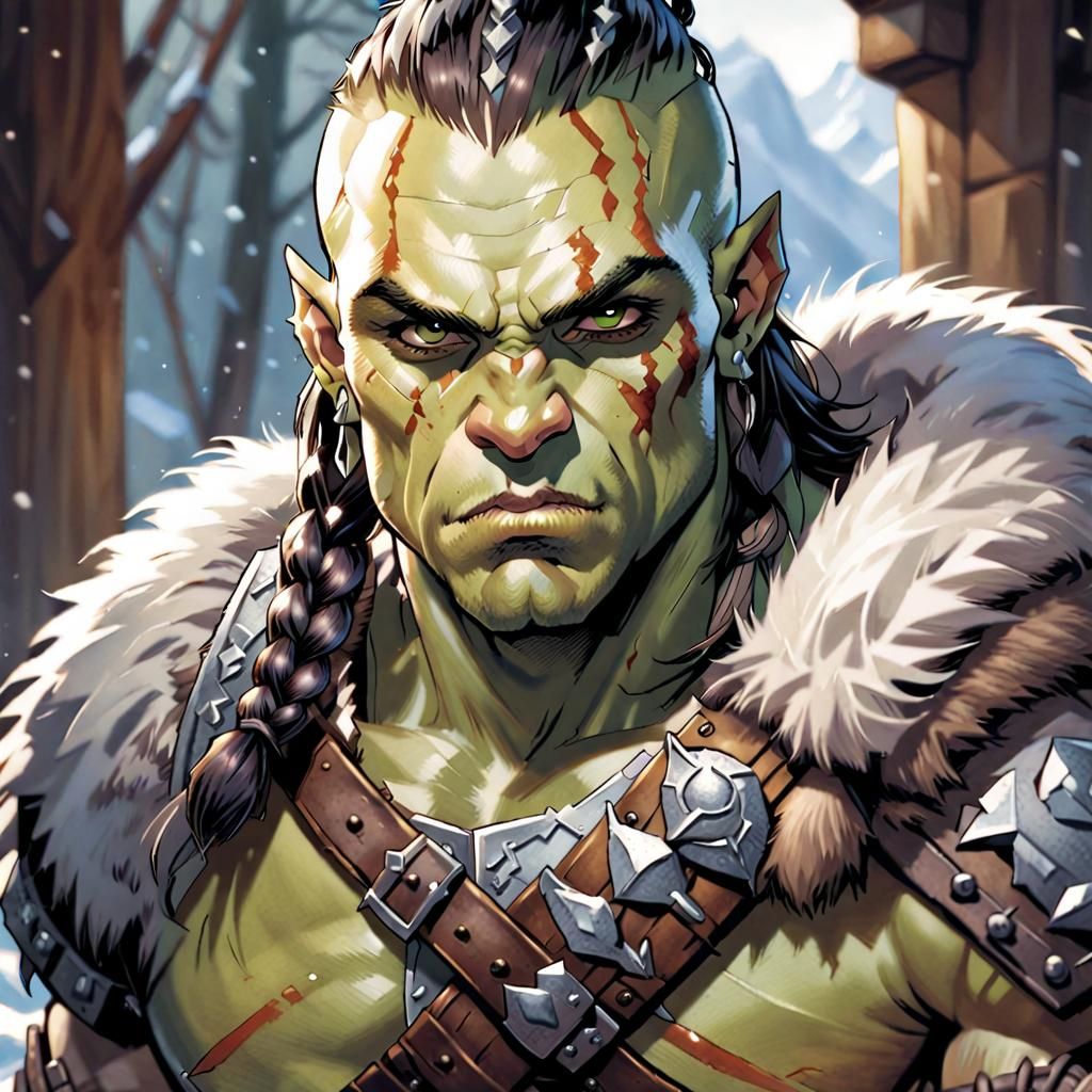 Handsome Half-Orc Barbarian Portrait in Comic Book Style