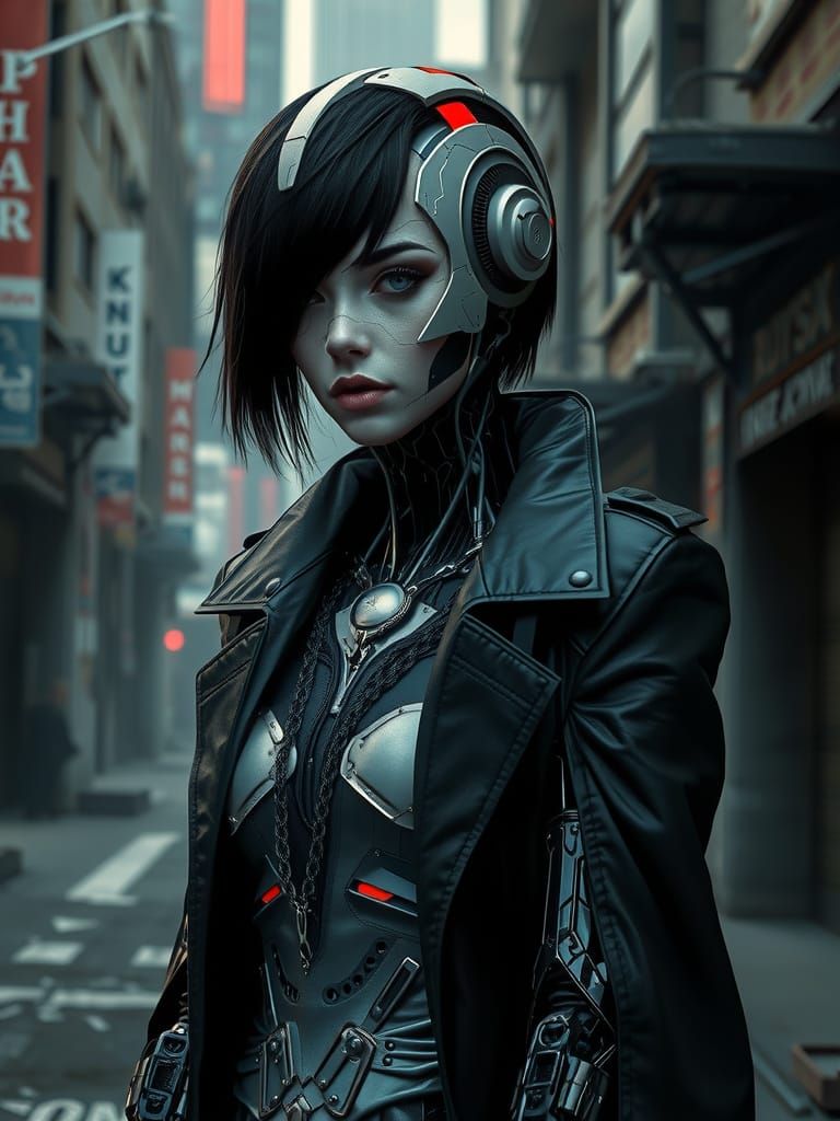 Neo-Noir Android Portrait in Urban Landscape