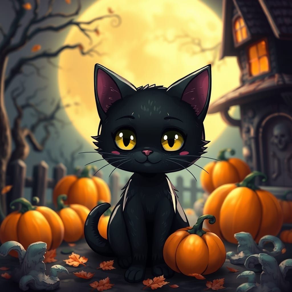 Chibi Kawaii Black Cat in Haunted House Setting