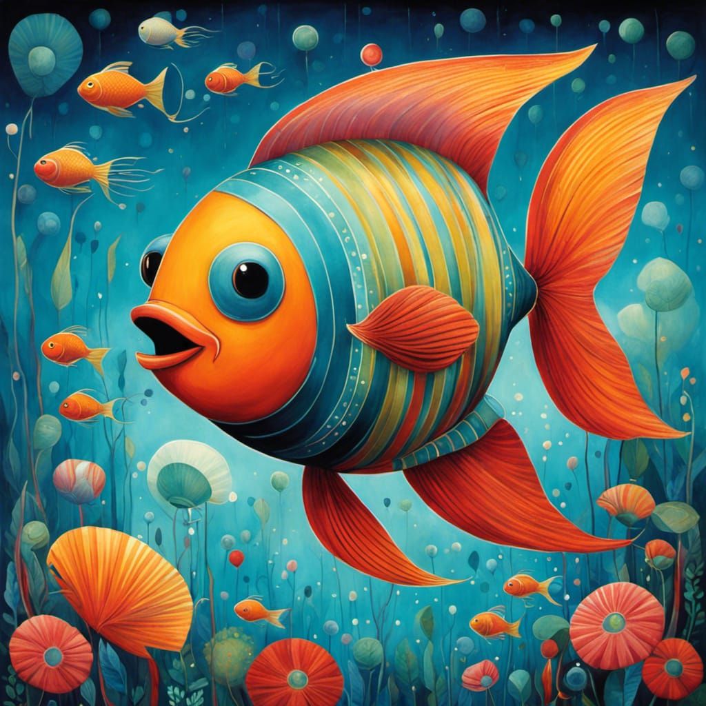 Fish Parachuting in Art Brut Style