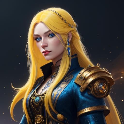 Young woman with blue eyes with long yellow hair  tribal gli...