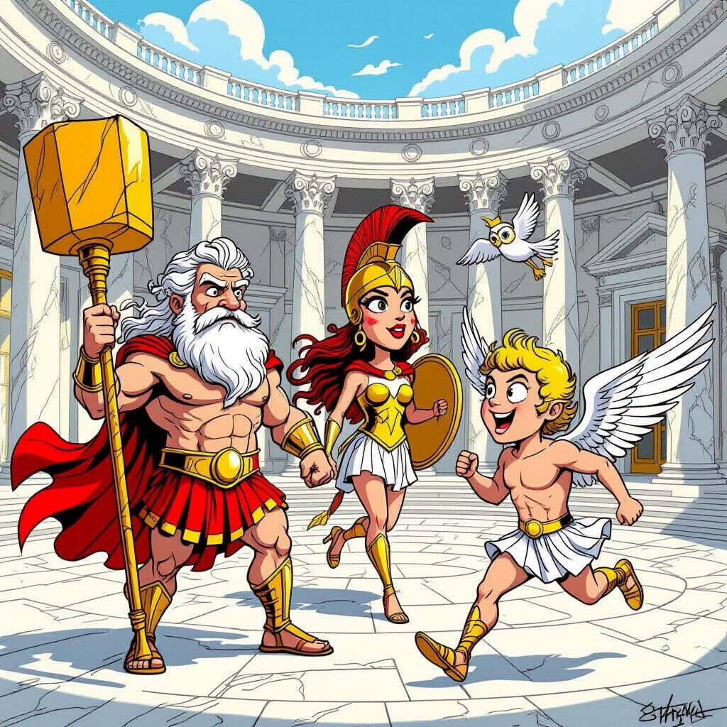 Cartoon Gods Gather in Surreal Courtyard