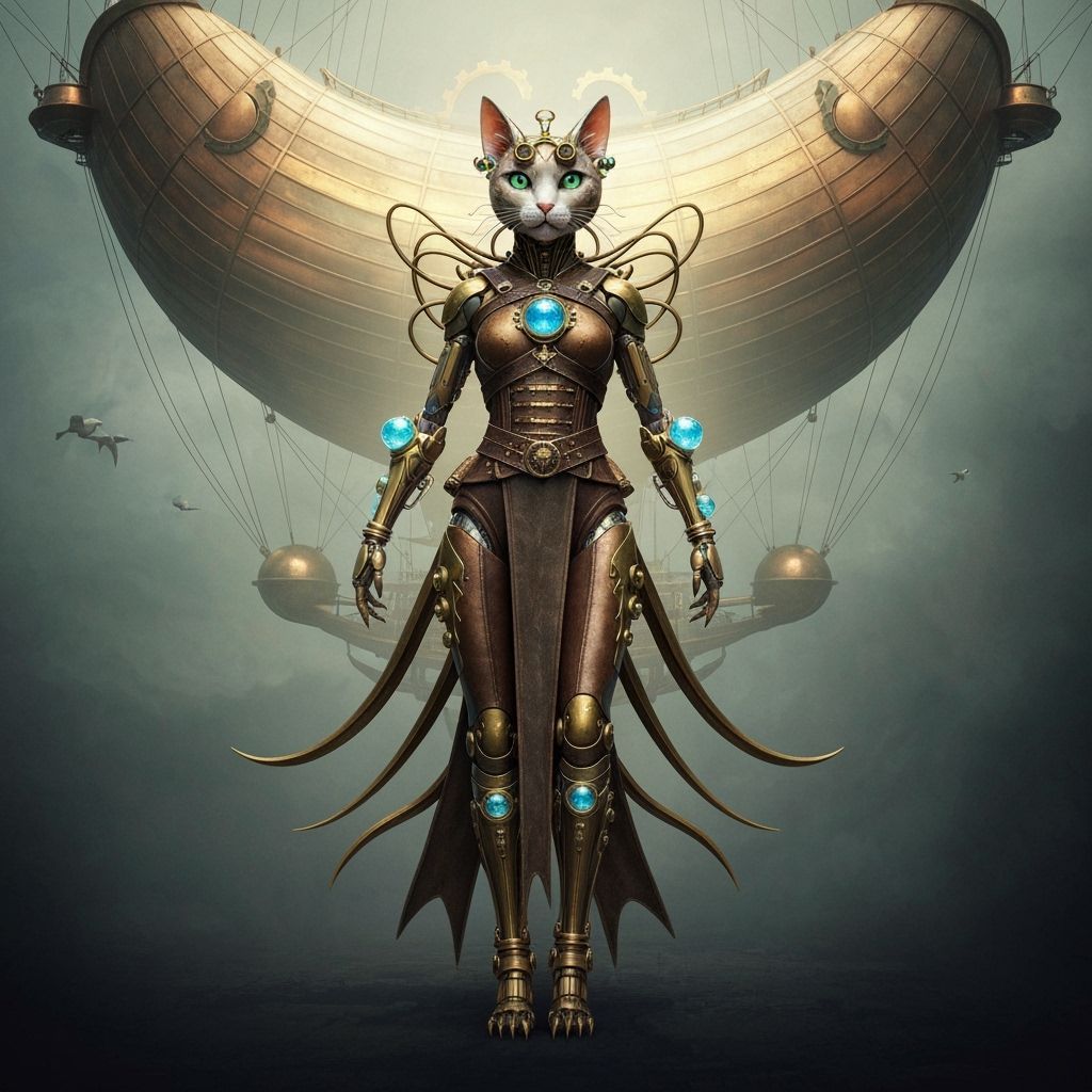 Steampunk Cyborg Cat Goddess on Airship, Hyperrealistic Art