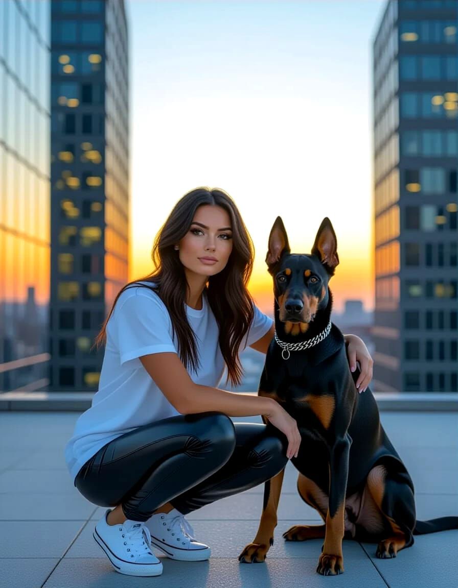 Woman and Doberman on City Terrace at Dusk
