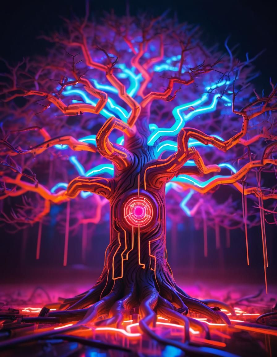 Glowing Neon Horror Tree in Cyberpunk Style
