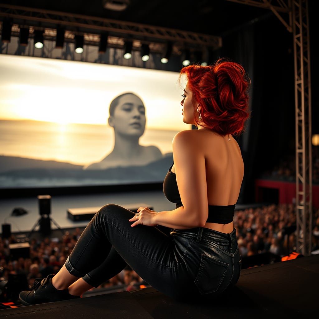 Redhead Pin-Up on Concert Stage with Sunset Hues