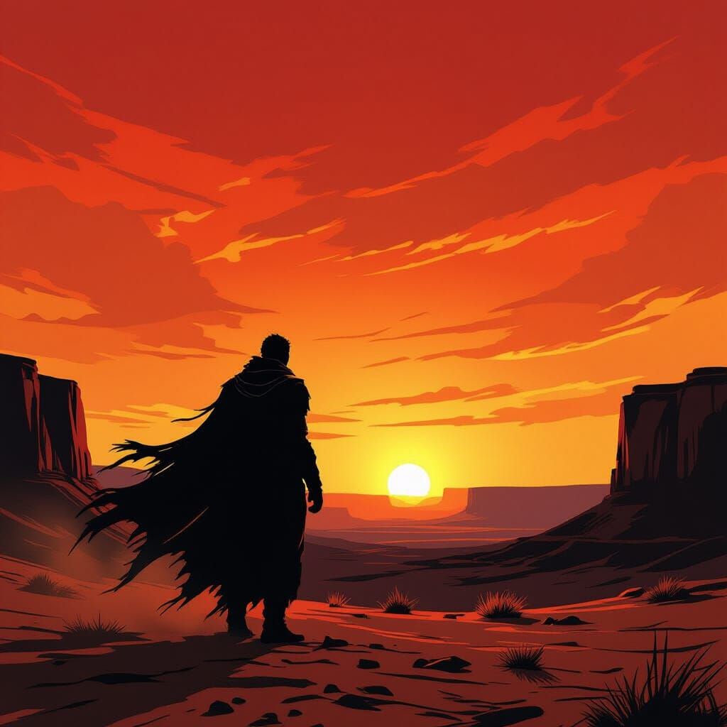 Lone Wanderer in Fiery Canyon Dusk Noir Style