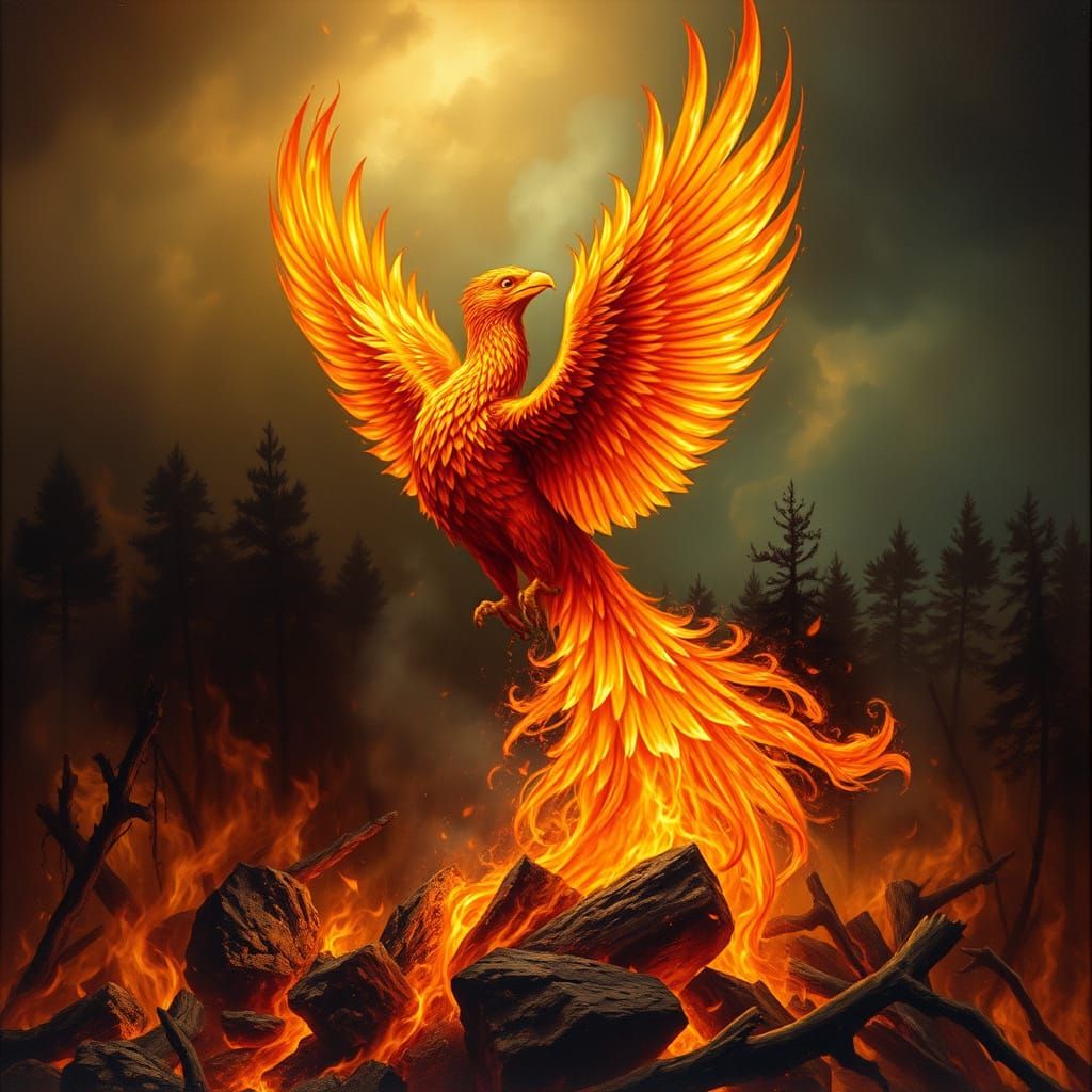 Phoenix Rising from Ashes in Classical Oil Painting