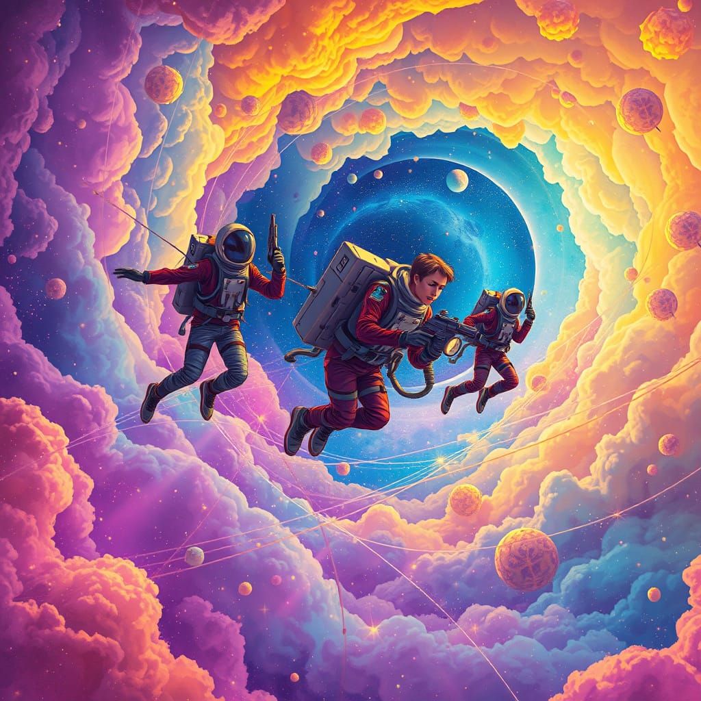 Cosmic Space Explorers in Holographic Illustration