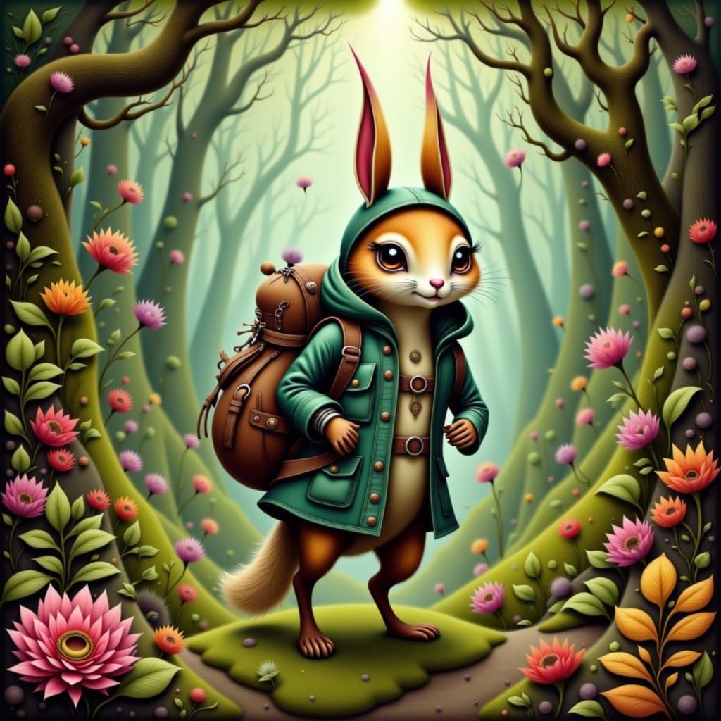 Whimsical Rabbit-Squirrel Creature in Enchanted Forest