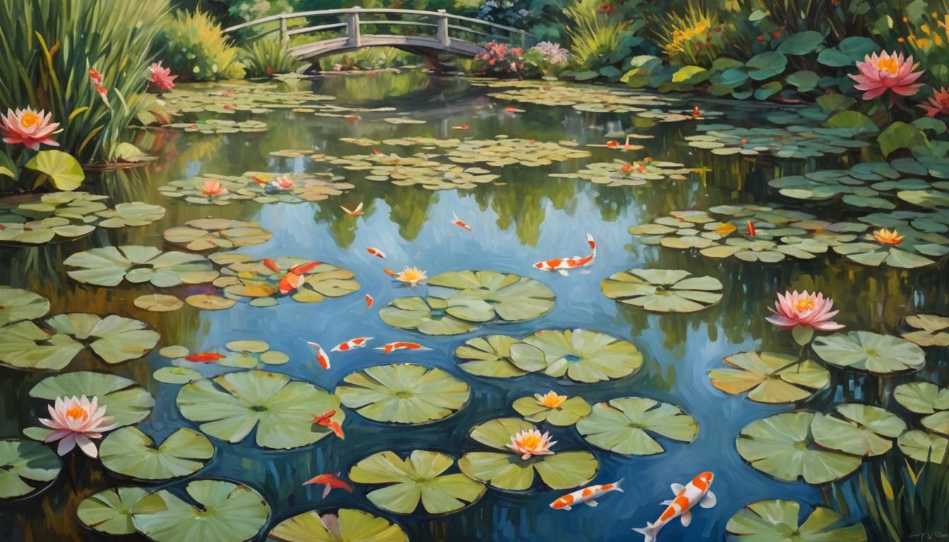 Impressionist Garden Pond with Water Lilies