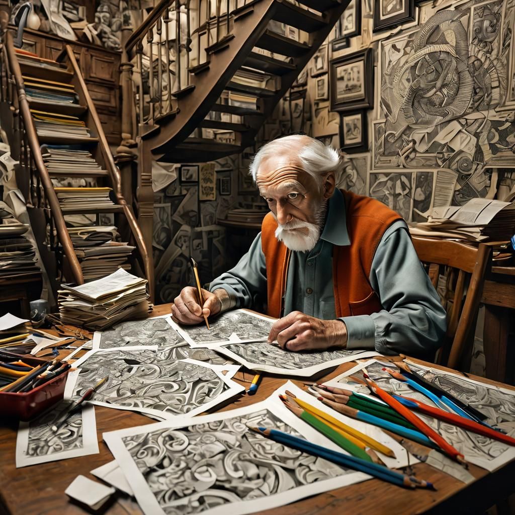 Man Drawing Optical Illusions in Surrealist Style