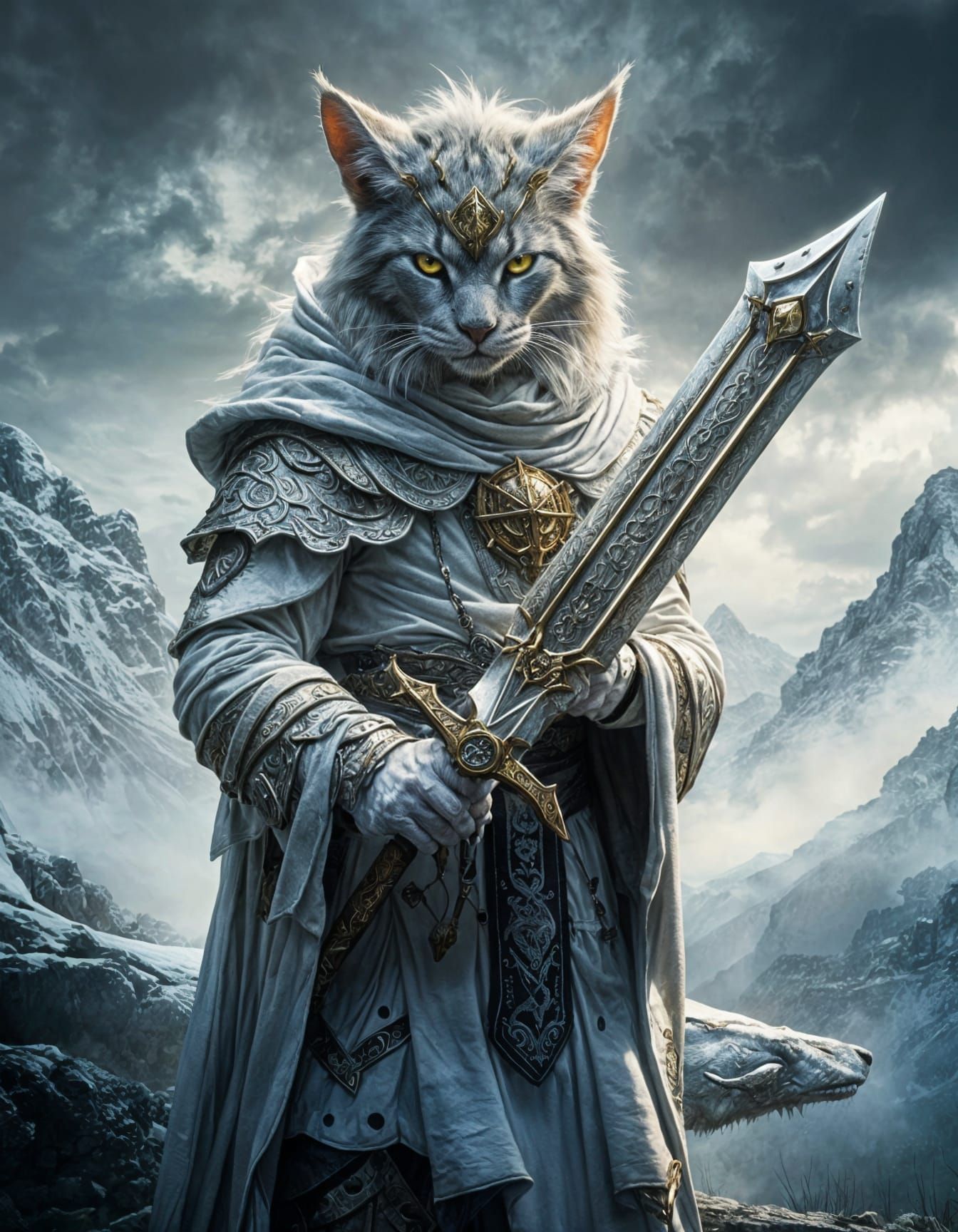 Leonin Paladin in White Armor Wields Platinum Sword in Reali...