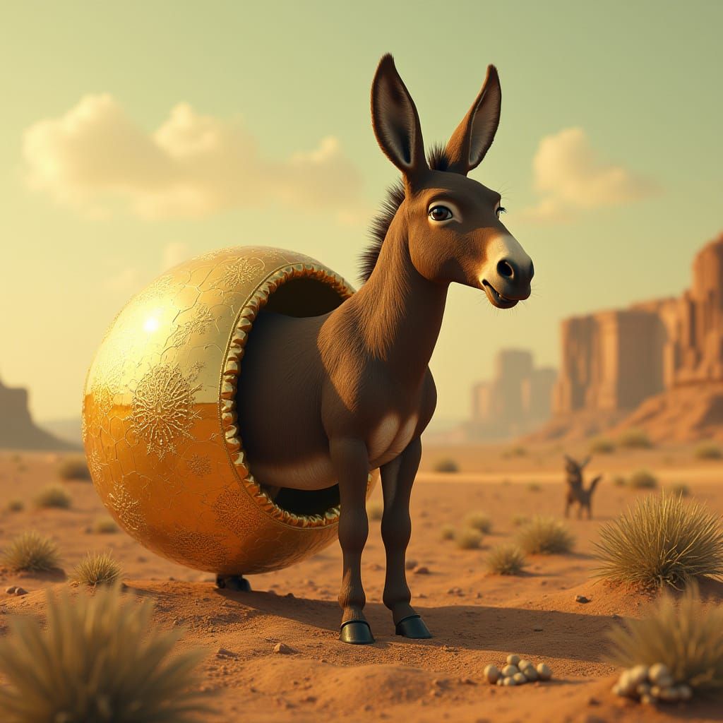 Surreal Desert Donkey Emerges from Half-Gold Nutshell in Bra...