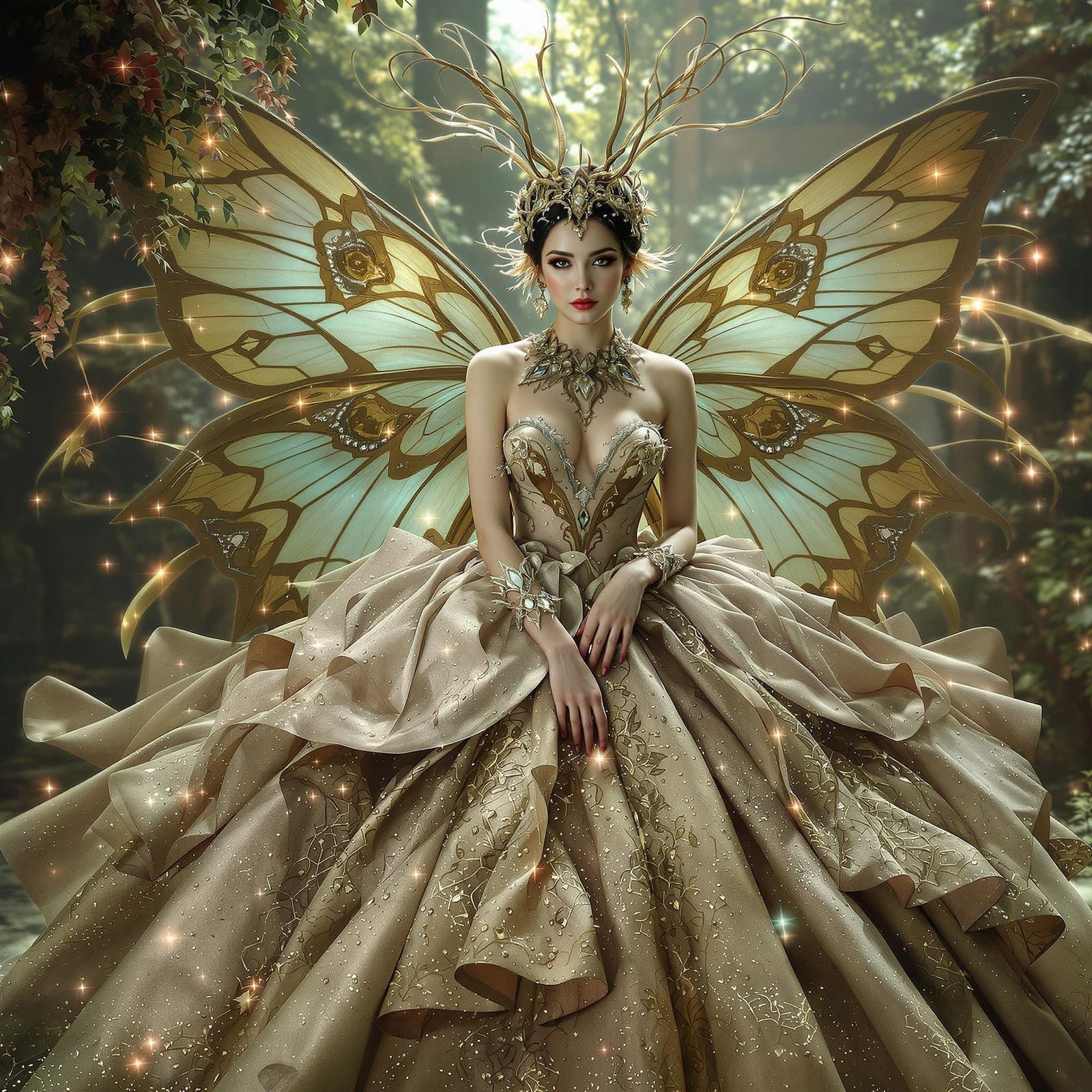 Ethereal Moth Woman in Ball Gown, Digital Art