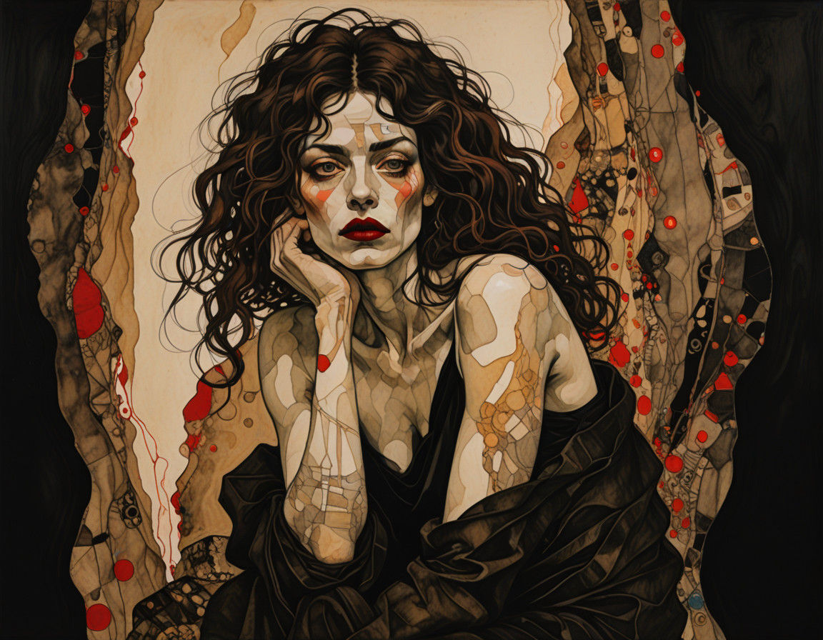 Surreal Lilith with Wild Hair and Red Lips in Charcoal and W...