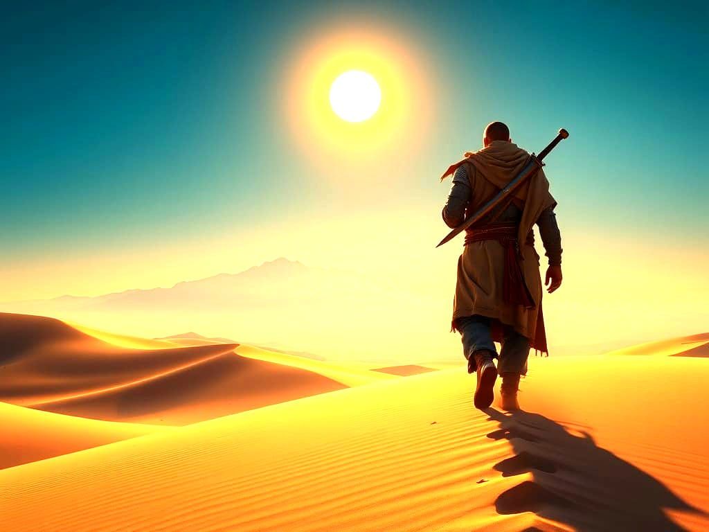 Stoic Desert Warrior with Katana in Epic Landscape