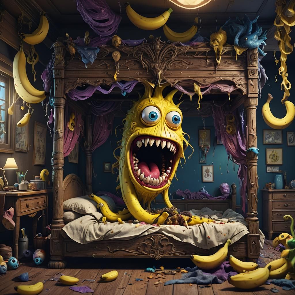 Funny Banana Monster Under Bed: Detailed Matte Painting