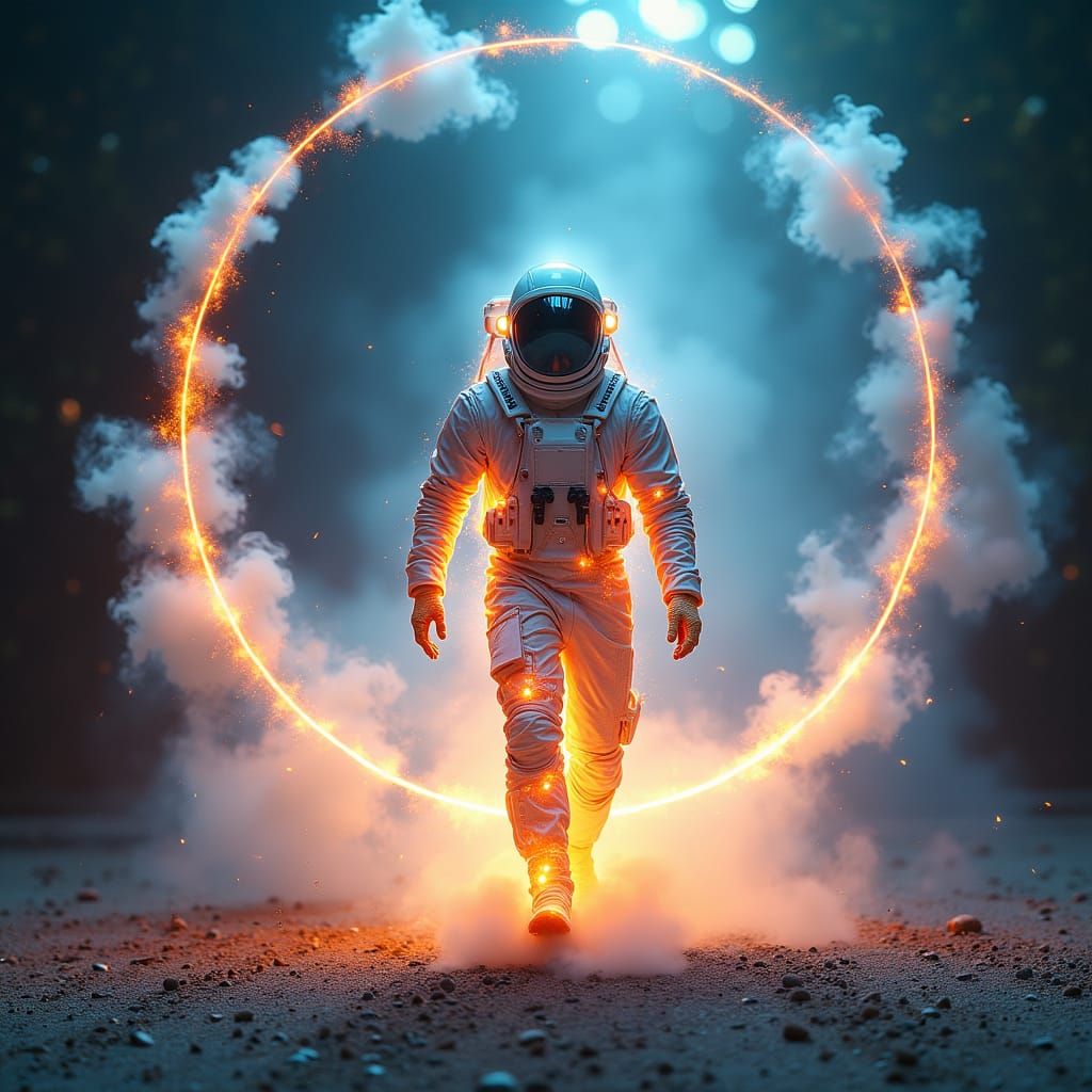Holographic Spaceman Stepping Through Portal in 3D