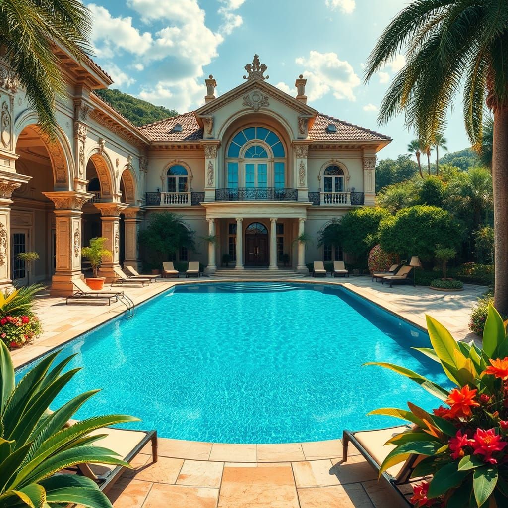 Opulent Mansion with Pool in Impressionist Style