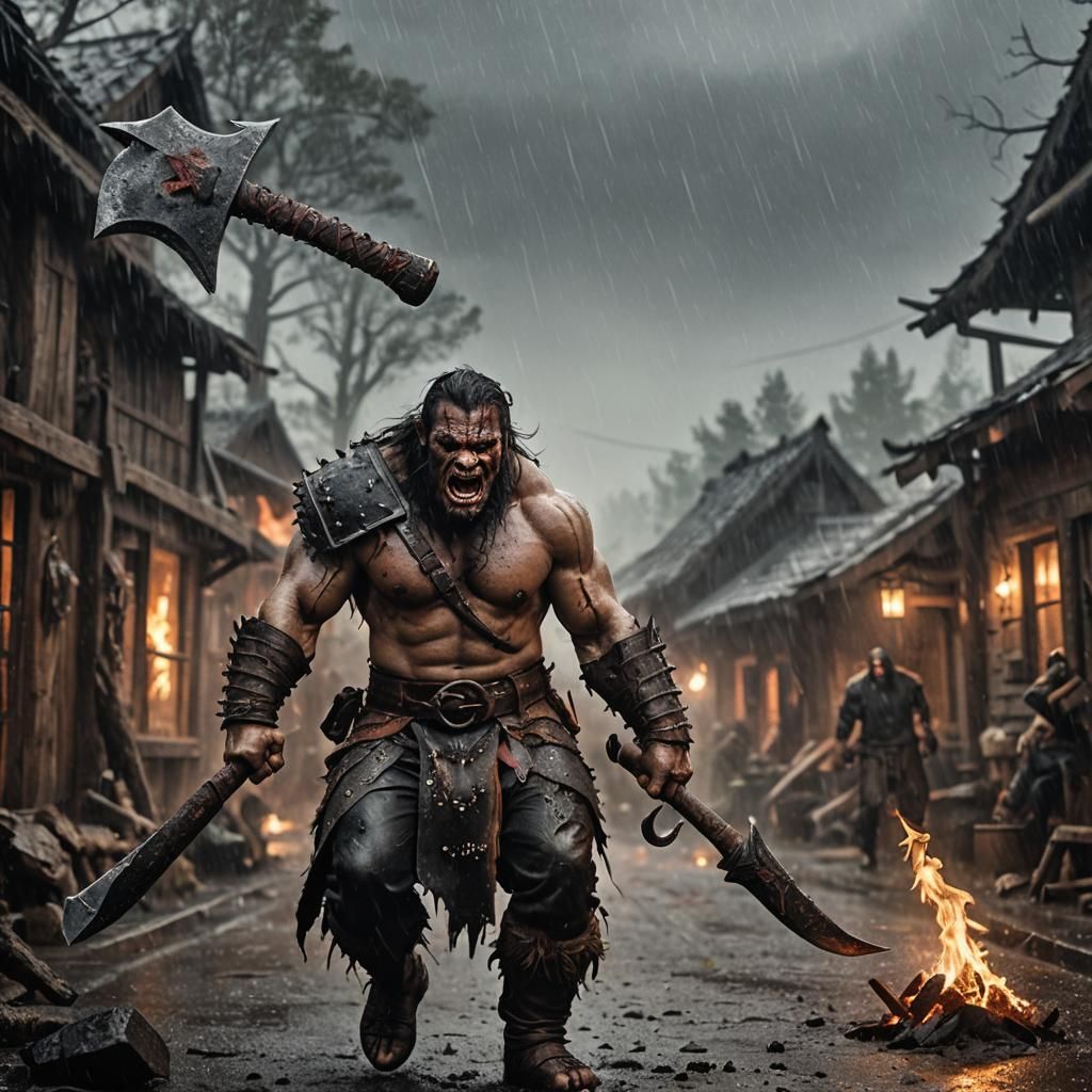 Fearsome Orc Barbarian in Burning Village