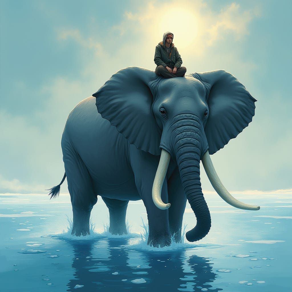 Majestic Elephant Stands on Frozen Lake with Rider
