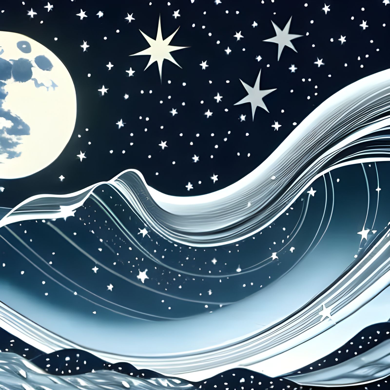 Giant Starry Tidal Wave Under Moonlight