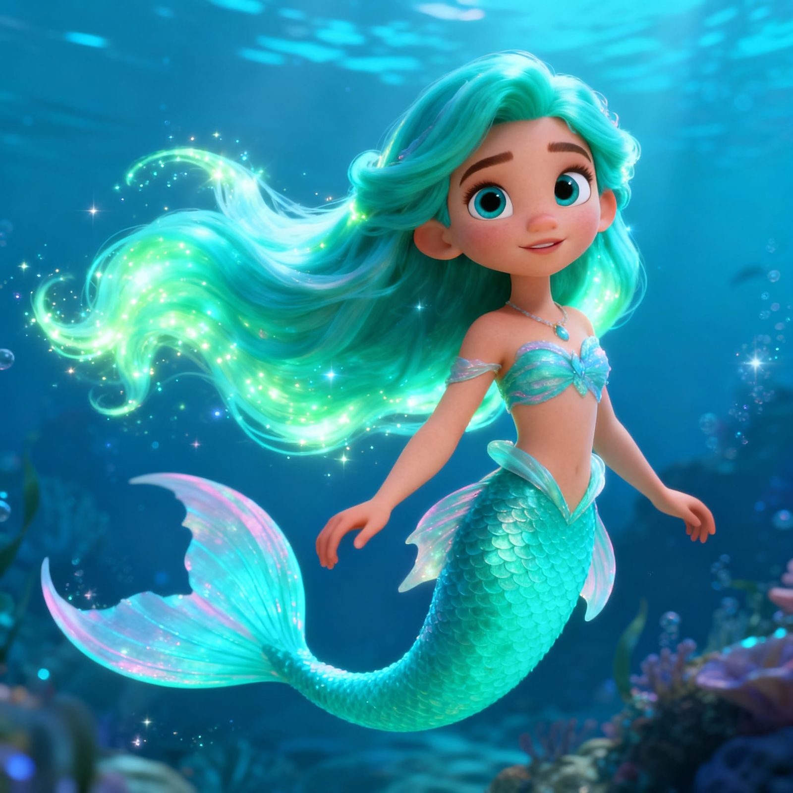 Young Mermaid Goddess Poseidonia in Disney Animation Style