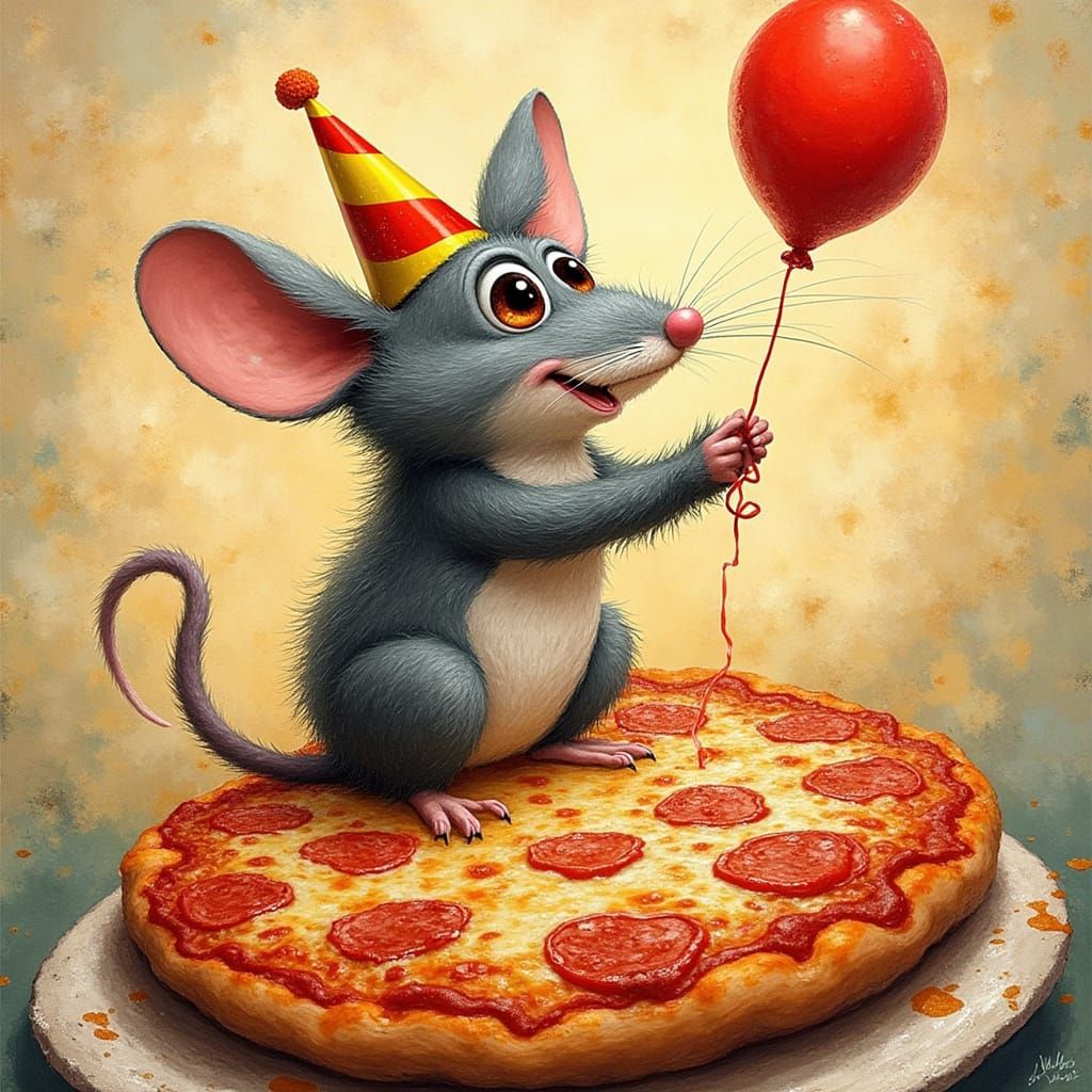 Mouse Celebrates on Pizza in Abstract Vector Art