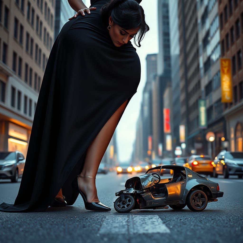 Giant Woman Crushes Car in City Street