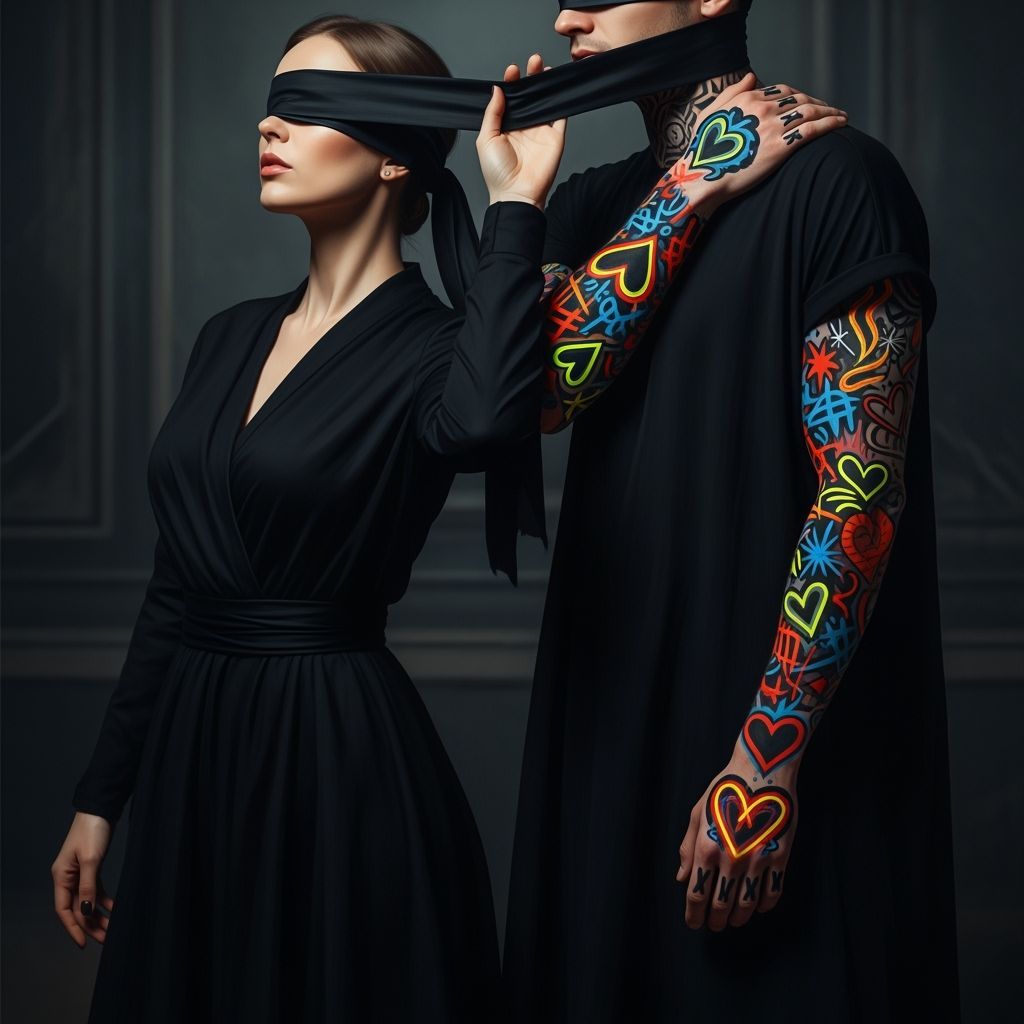 Couple in Moody Lighting with Expressive Tattoo Art