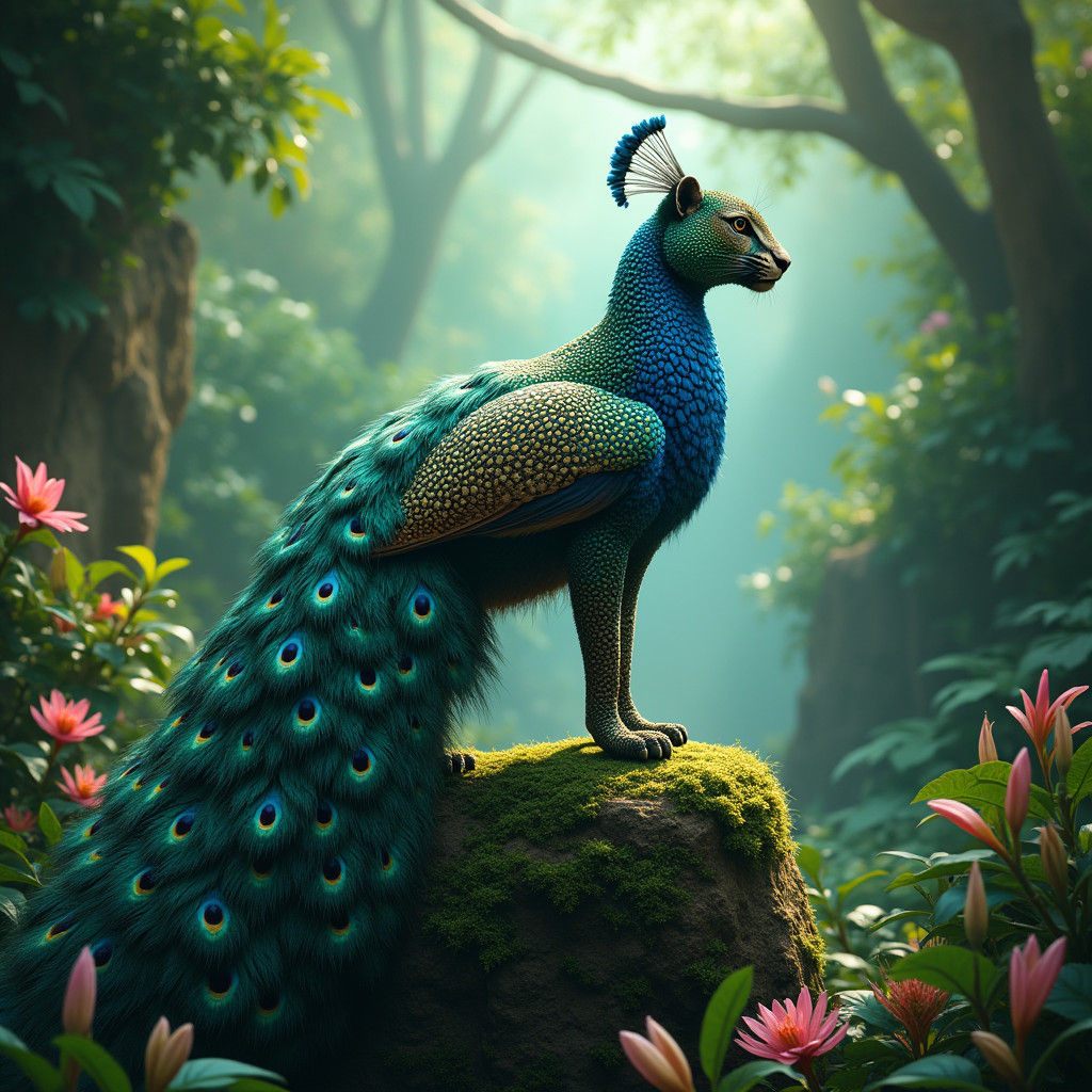 Peacock-Leopard Hybrid in Jungle, Fantasy Concept Art