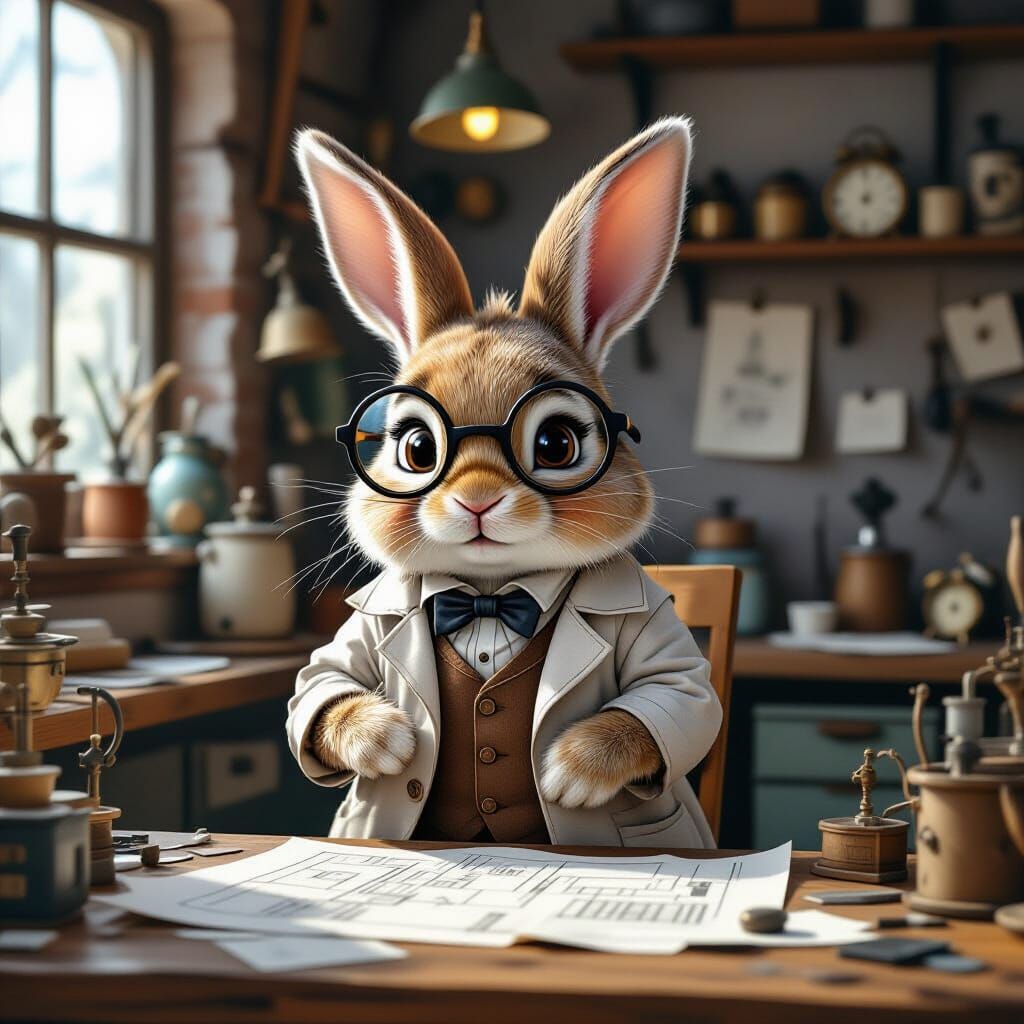Steampunk Rabbit Inventor in Whimsical Workshop