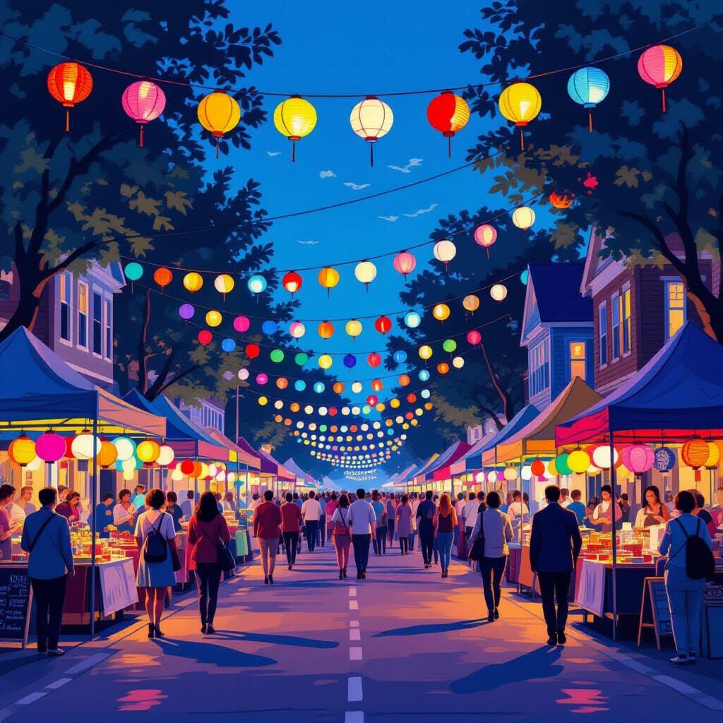 Vibrant Street Festival at Dusk in Rockwell Style