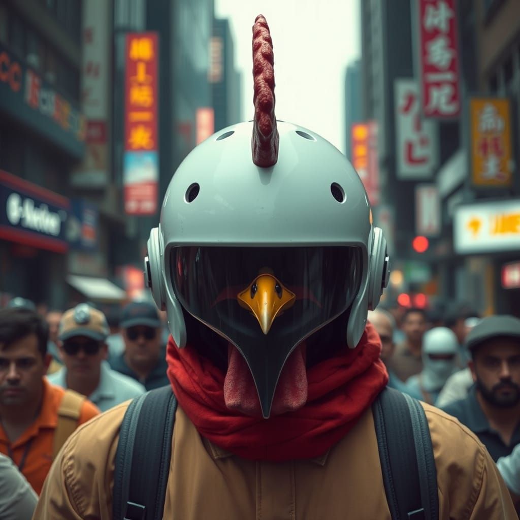 Future Warrior Wears Chicken Helmet in City Streets