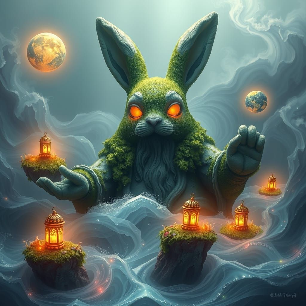 A colossal, moss-covered statue of a forgotten bunny deity emerges from a swirling, iridescent sea, its eyes glowing wit...