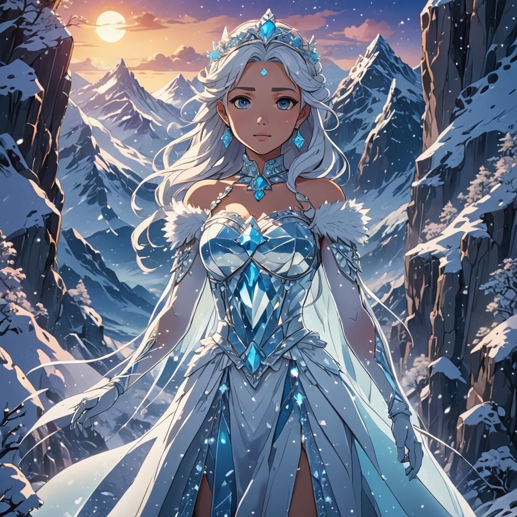 Iced Princess in Snow-Covered Mountains, Anime Style