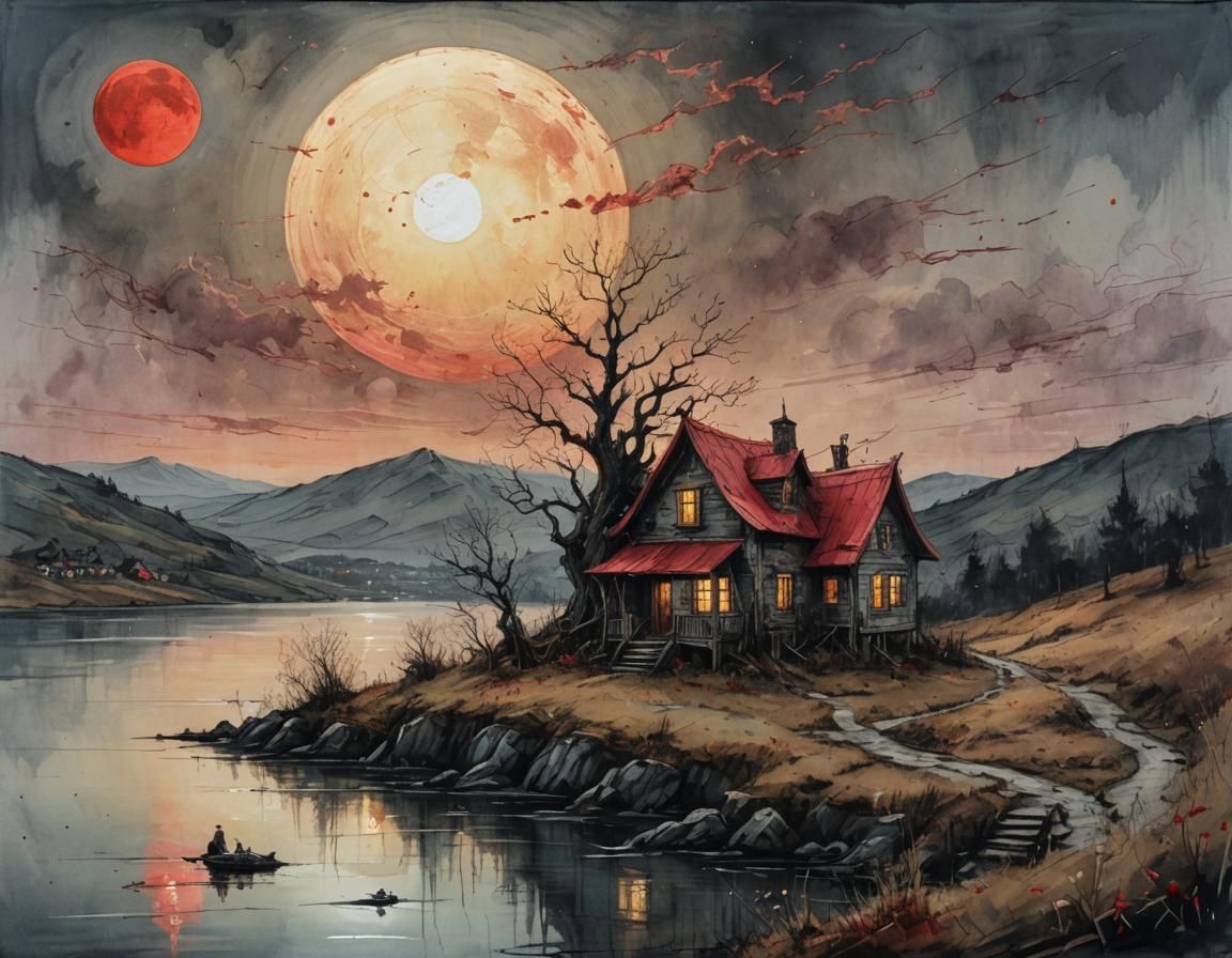 Haunted House Painting in Gothic Surreal Style