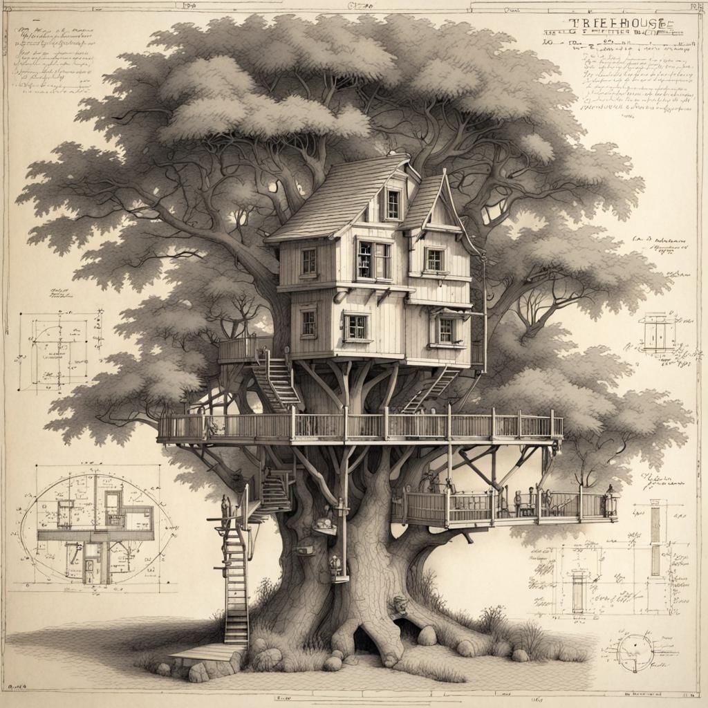 Detailed Treehouse Schematics in Leonardo da Vinci Style