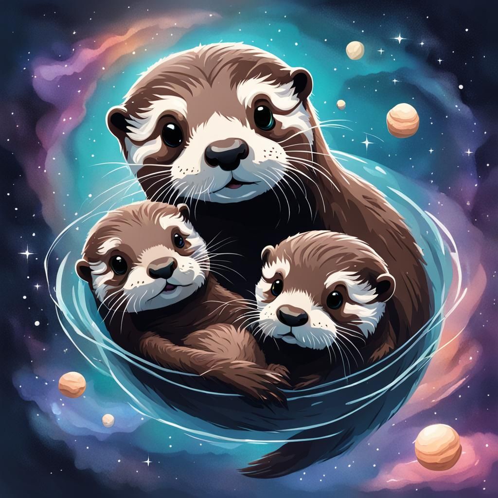 Cute otter mummy and baby floating in space
