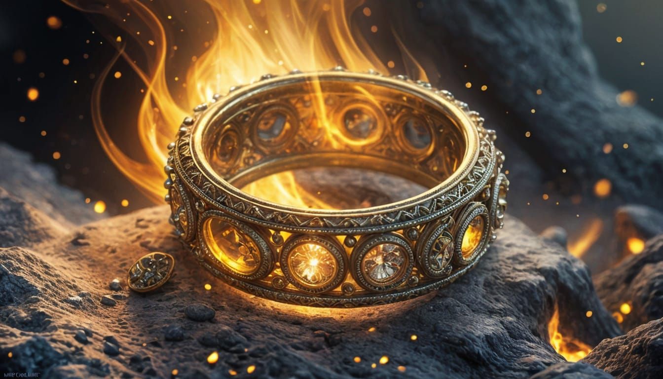 Gold Ring Emerging from Fire in Fantasy Style