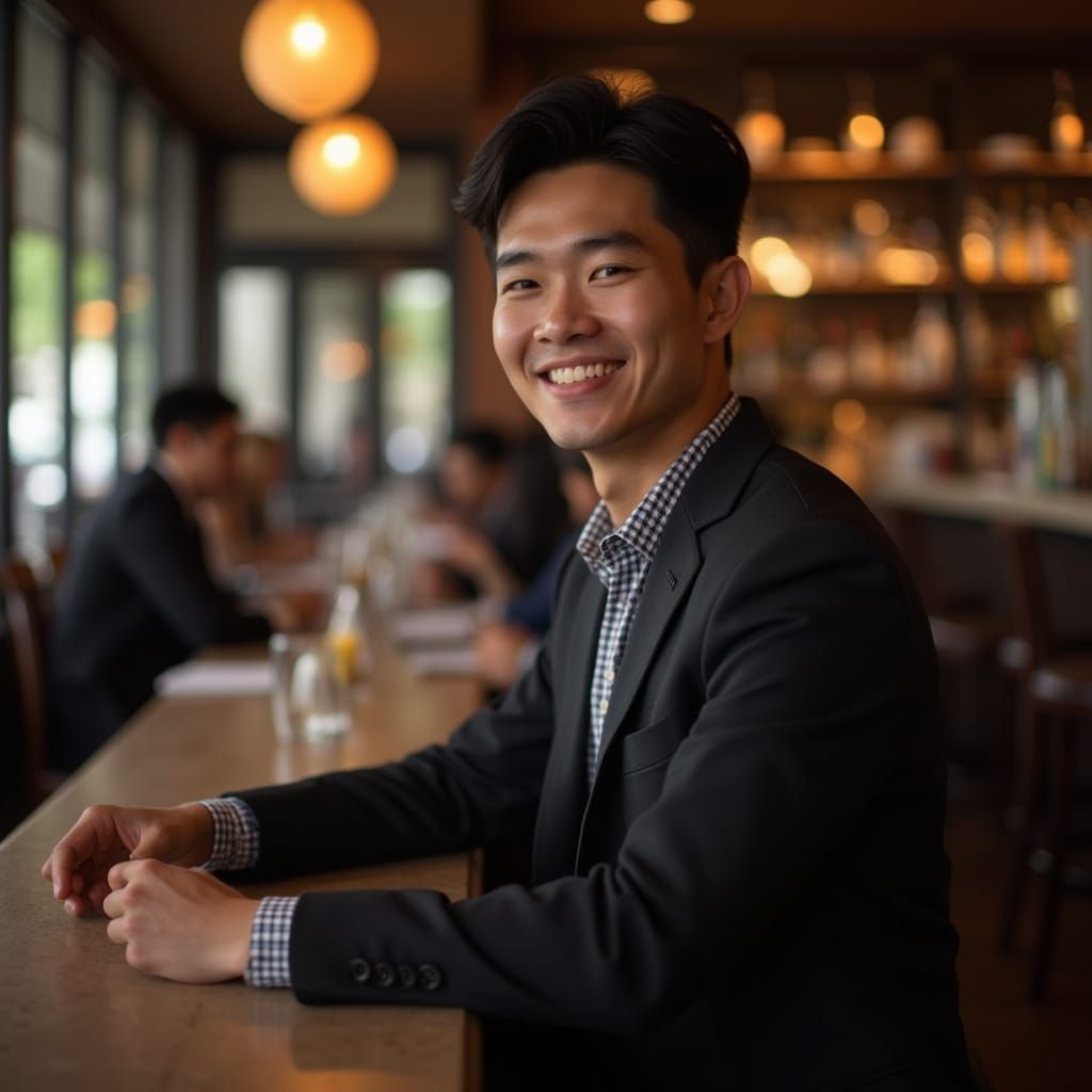 Asian Man in Blazer at Upscale Restaurant