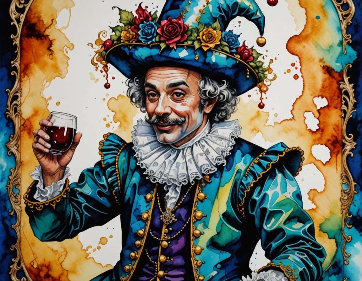 Rococo Court Jester Portrait in Vibrant Alcohol Ink