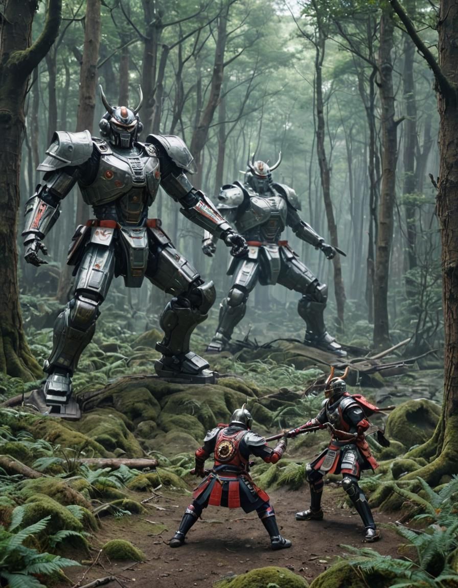 Mechanized Samurai Warriors Clash in Future Forest